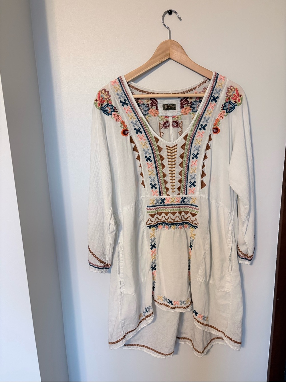 Embroidered light blue Bohemian Tunic with Multicolor Detailing nwot